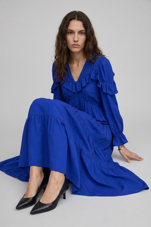 Samara Maxi Dress by VKELLER in Cobalt Blue. 100% silk bohemian maxi dress with ruffled long sleeves and gathered neckline. Designed in Paris, handcrafted in Portugal. #cobaltblue