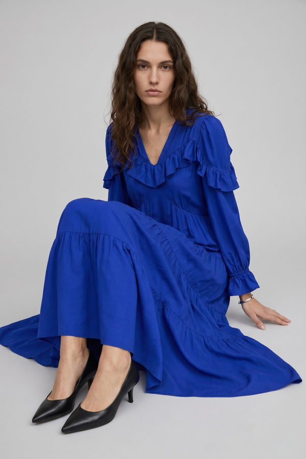 Samara Maxi Dress by VKELLER in Cobalt Blue. 100% silk bohemian maxi dress with ruffled long sleeves and gathered neckline. Designed in Paris, handcrafted in Portugal. #cobaltblue