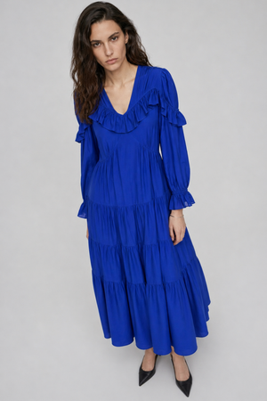 Samara Maxi Dress by VKELLER in Cobalt Blue. 100% silk bohemian maxi dress with ruffled long sleeves and gathered neckline. Designed in Paris, handcrafted in Portugal. #cobaltblue