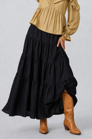 Samara Skirt by VKELLER in Black Carbon. 100% silk bohemian skirt with gathered waist and flowing hem. Designed in Paris, handcrafted in Portugal. #carbon