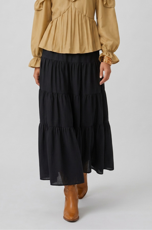 Samara Skirt by VKELLER in Black Carbon. 100% silk bohemian skirt with gathered waist and flowing hem. Designed in Paris, handcrafted in Portugal. #carbon