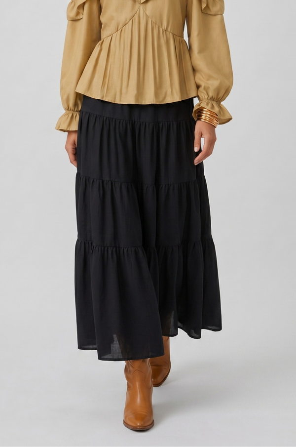 Samara Skirt by VKELLER in Black Carbon. 100% silk bohemian skirt with gathered waist and flowing hem. Designed in Paris, handcrafted in Portugal. #carbon