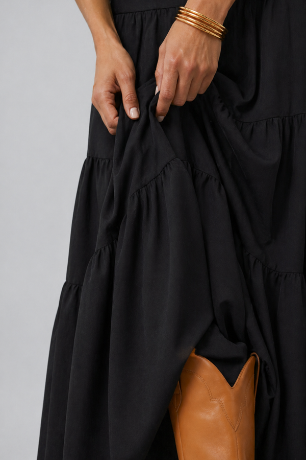 Samara Skirt by VKELLER in Black Carbon. 100% silk bohemian skirt with gathered waist and flowing hem. Designed in Paris, handcrafted in Portugal. #carbon