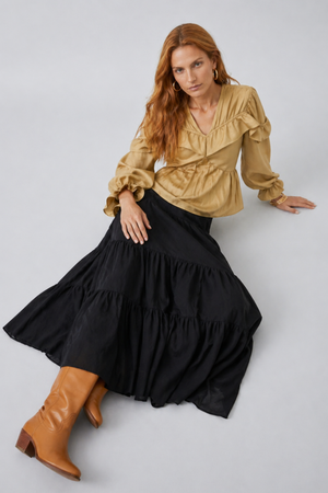 Samara Skirt by VKELLER in Black Carbon. 100% silk bohemian skirt with gathered waist and flowing hem. Designed in Paris, handcrafted in Portugal. #carbon