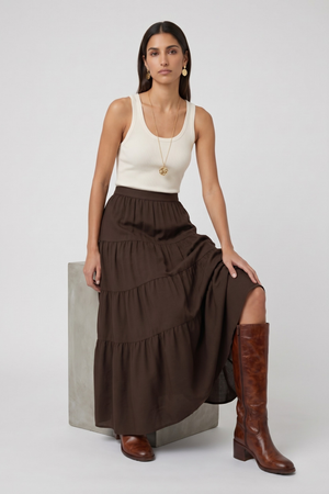 Samara Skirt by VKELLER in Brown Chocolate. 100% silk bohemian skirt with gathered waist and flowing hem. Designed in Paris, handcrafted in Portugal. #chocolate