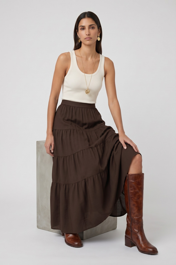 Samara Skirt by VKELLER in Brown Chocolate. 100% silk bohemian skirt with gathered waist and flowing hem. Designed in Paris, handcrafted in Portugal. #chocolate
