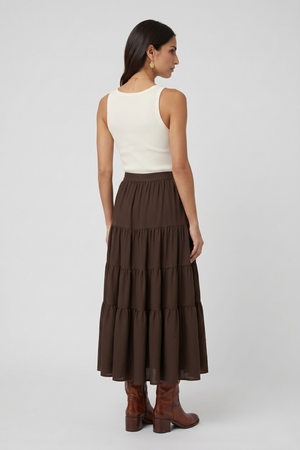 Samara Skirt by VKELLER in Brown Chocolate. 100% silk bohemian skirt with gathered waist and flowing hem. Designed in Paris, handcrafted in Portugal. #chocolate