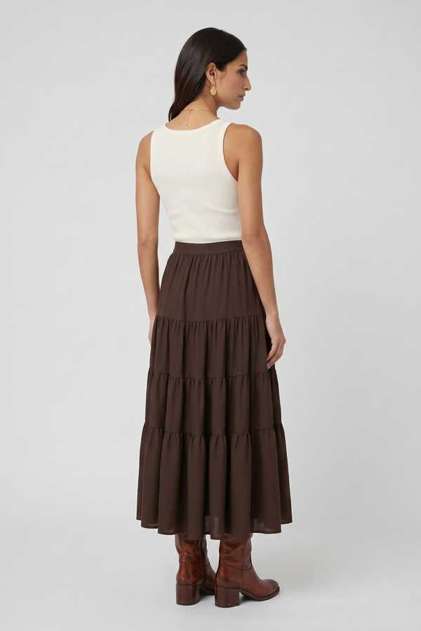Samara Skirt by VKELLER in Brown Chocolate. 100% silk bohemian skirt with gathered waist and flowing hem. Designed in Paris, handcrafted in Portugal. #chocolate