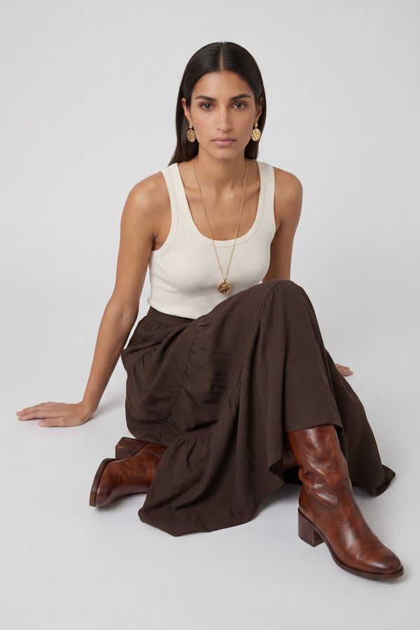 Samara Skirt by VKELLER in Brown Chocolate. 100% silk bohemian skirt with gathered waist and flowing hem. Designed in Paris, handcrafted in Portugal. #chocolate