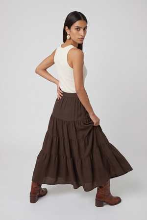 Samara Skirt by VKELLER in Brown Chocolate. 100% silk bohemian skirt with gathered waist and flowing hem. Designed in Paris, handcrafted in Portugal. #chocolate