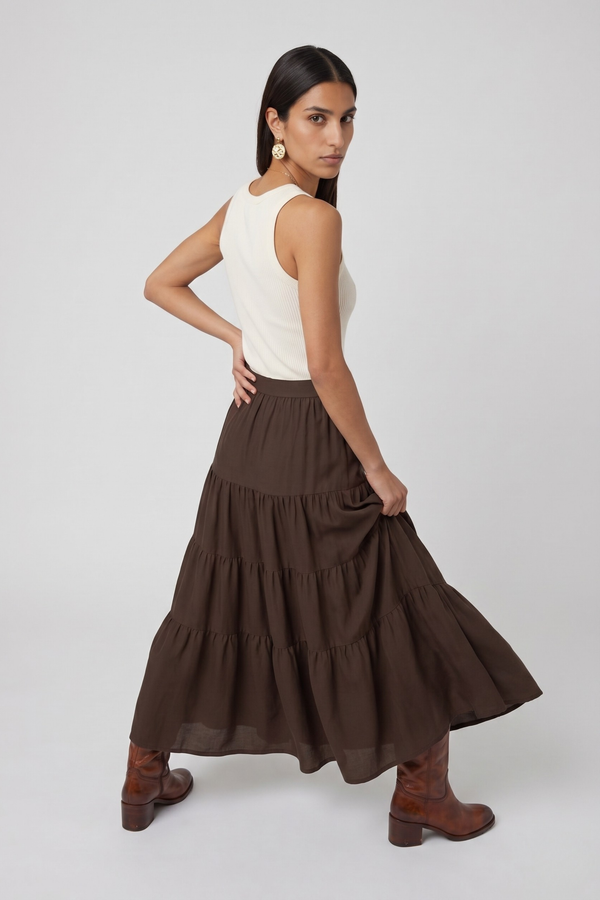 Samara Skirt by VKELLER in Brown Chocolate. 100% silk bohemian skirt with gathered waist and flowing hem. Designed in Paris, handcrafted in Portugal. #chocolate