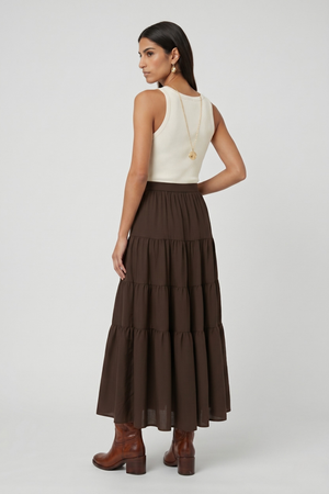 Samara Skirt by VKELLER in Brown Chocolate. 100% silk bohemian skirt with gathered waist and flowing hem. Designed in Paris, handcrafted in Portugal. #chocolate