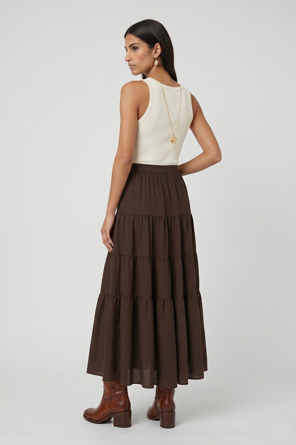 Samara Skirt by VKELLER in Brown Chocolate. 100% silk bohemian skirt with gathered waist and flowing hem. Designed in Paris, handcrafted in Portugal. #chocolate