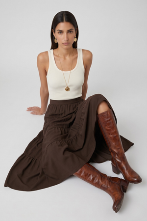 Samara Skirt by VKELLER in Brown Chocolate. 100% silk bohemian skirt with gathered waist and flowing hem. Designed in Paris, handcrafted in Portugal. #chocolate