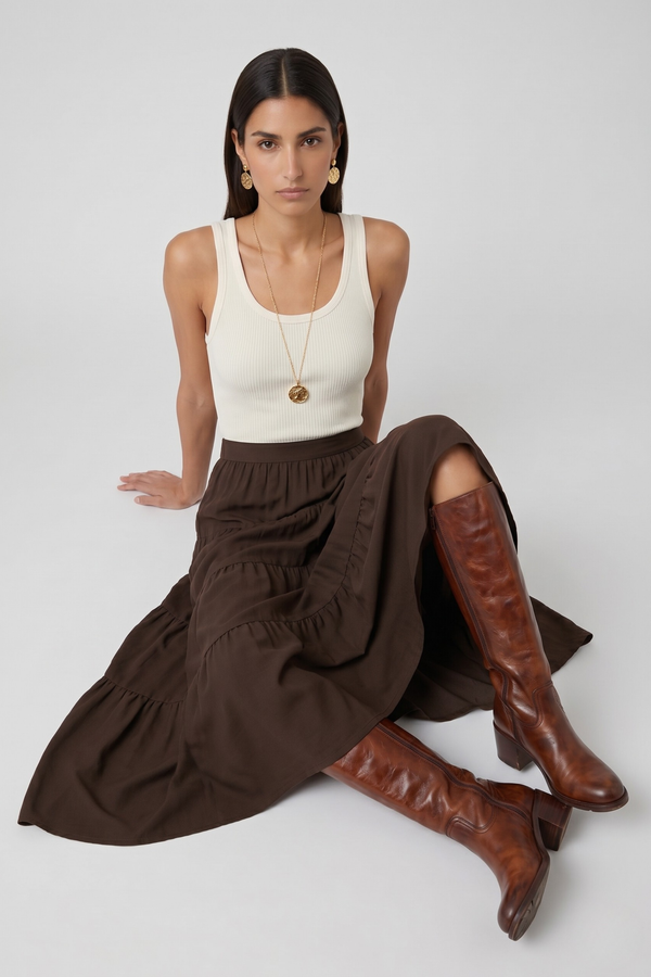 Samara Skirt by VKELLER in Brown Chocolate. 100% silk bohemian skirt with gathered waist and flowing hem. Designed in Paris, handcrafted in Portugal. #chocolate