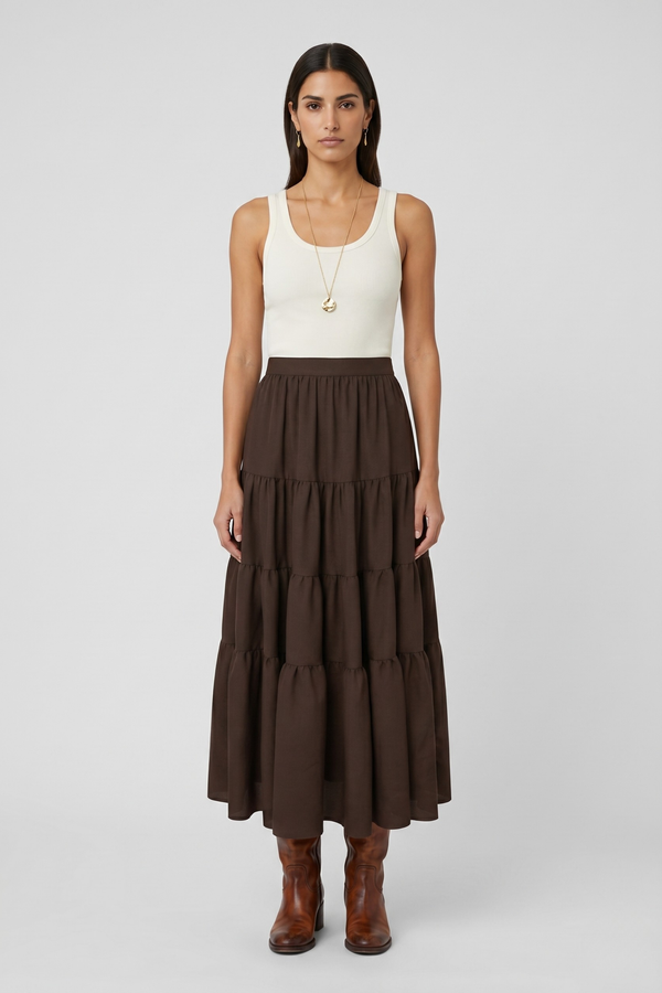 Samara Skirt by VKELLER in Brown Chocolate. 100% silk bohemian skirt with gathered waist and flowing hem. Designed in Paris, handcrafted in Portugal. #chocolate