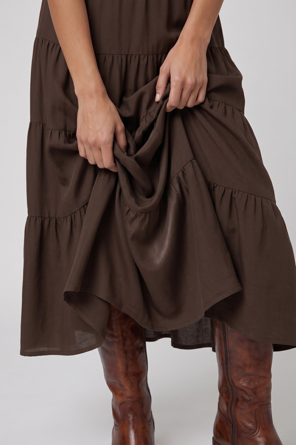 Samara Skirt by VKELLER in Brown Chocolate. 100% silk bohemian skirt with gathered waist and flowing hem. Designed in Paris, handcrafted in Portugal. #chocolate