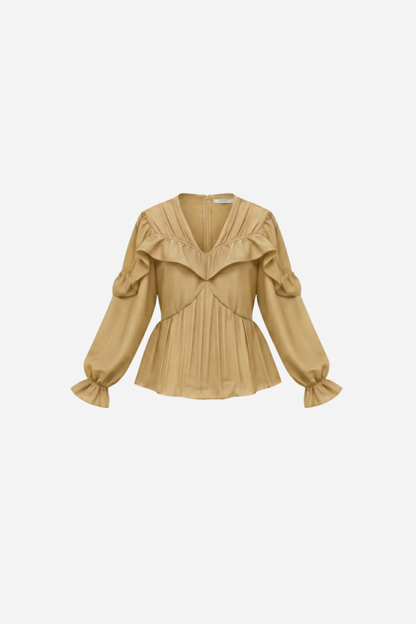 Samara Top by VKELLER in Beige Barley. 100% silk bohemian blouse with ruffled long sleeves and gathered neckline. Designed in Paris, handcrafted in Portugal. #barley