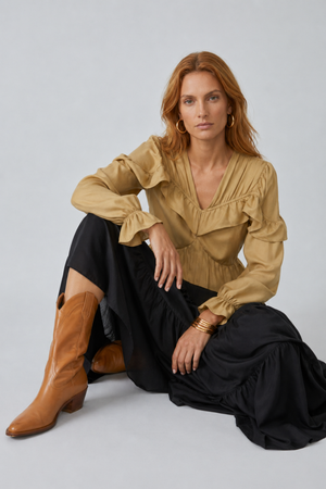 Samara Top by VKELLER in Beige Barley. 100% silk bohemian blouse with ruffled long sleeves and gathered neckline. Designed in Paris, handcrafted in Portugal. #barley