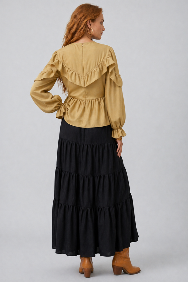 Samara Top by VKELLER in Beige Barley. 100% silk bohemian blouse with ruffled long sleeves and gathered neckline. Designed in Paris, handcrafted in Portugal. #barley