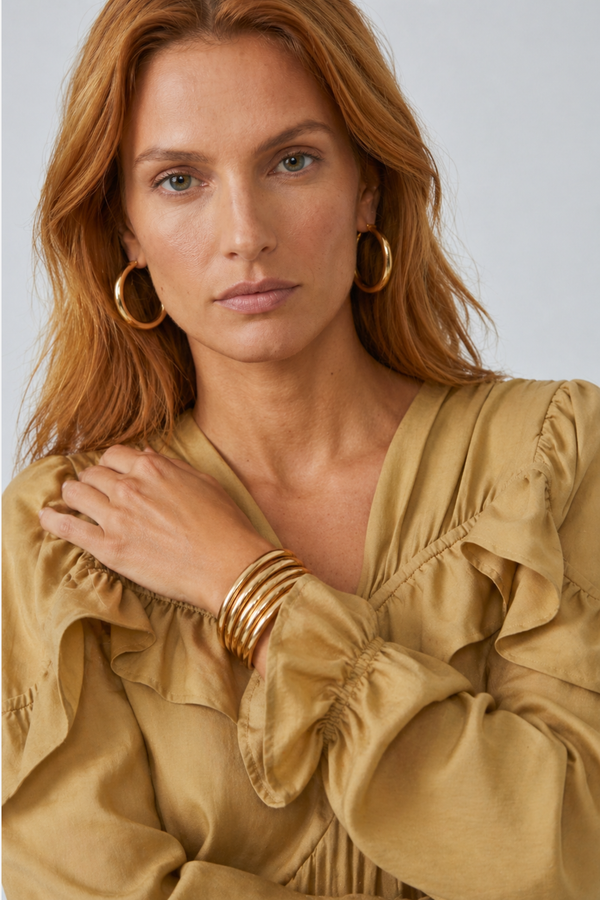 Samara Top by VKELLER in Beige Barley. 100% silk bohemian blouse with ruffled long sleeves and gathered neckline. Designed in Paris, handcrafted in Portugal. #barley