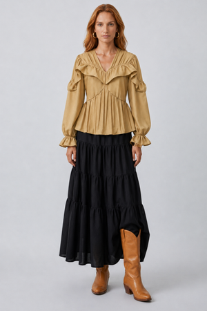 Samara Top by VKELLER in Beige Barley. 100% silk bohemian blouse with ruffled long sleeves and gathered neckline. Designed in Paris, handcrafted in Portugal. #barley