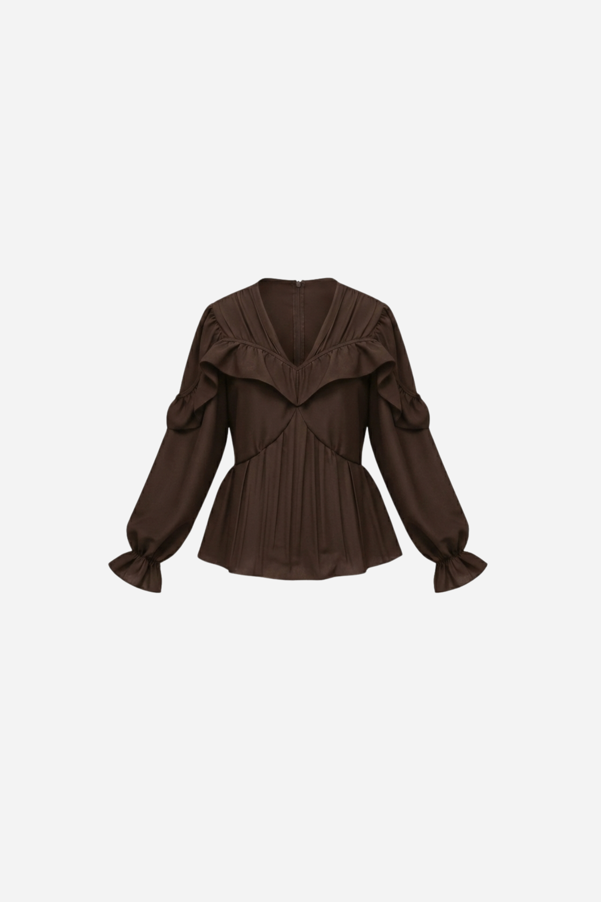 Samara Top by VKELLER in Brown Chocolate. 100% silk bohemian blouse with ruffled long sleeves and gathered neckline. Designed in Paris, handcrafted in Portugal. #chocolate
