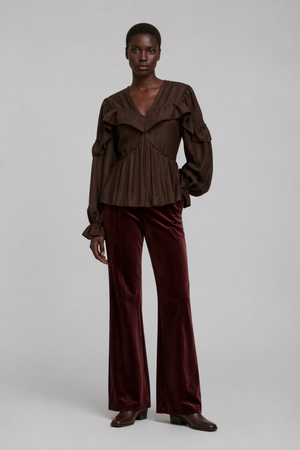 Samara Top by VKELLER in Brown Chocolate. 100% silk bohemian blouse with ruffled long sleeves and gathered neckline. Designed in Paris, handcrafted in Portugal. #chocolate