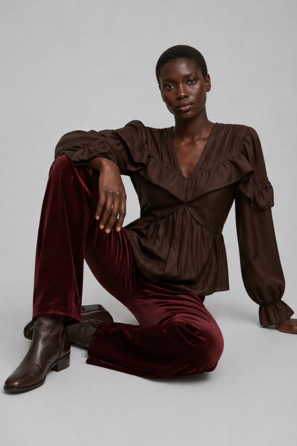 Samara Top by VKELLER in Brown Chocolate. 100% silk bohemian blouse with ruffled long sleeves and gathered neckline. Designed in Paris, handcrafted in Portugal. #chocolate