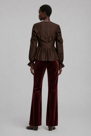 Samara Top by VKELLER in Brown Chocolate. 100% silk bohemian blouse with ruffled long sleeves and gathered neckline. Designed in Paris, handcrafted in Portugal. #chocolate