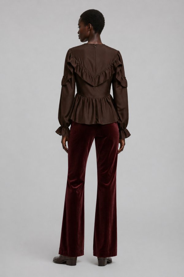 Samara Top by VKELLER in Brown Chocolate. 100% silk bohemian blouse with ruffled long sleeves and gathered neckline. Designed in Paris, handcrafted in Portugal. #chocolate