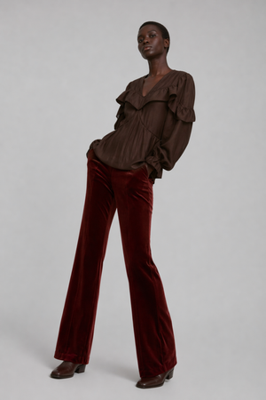 Samara Top by VKELLER in Brown Chocolate. 100% silk bohemian blouse with ruffled long sleeves and gathered neckline. Designed in Paris, handcrafted in Portugal. #chocolate
