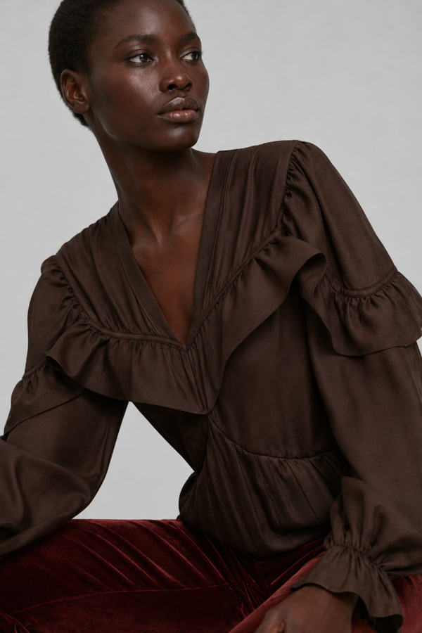 Samara Top by VKELLER in Brown Chocolate. 100% silk bohemian blouse with ruffled long sleeves and gathered neckline. Designed in Paris, handcrafted in Portugal. #chocolate