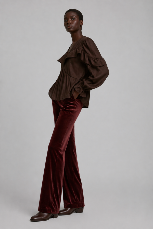 Samara Top by VKELLER in Brown Chocolate. 100% silk bohemian blouse with ruffled long sleeves and gathered neckline. Designed in Paris, handcrafted in Portugal. #chocolate