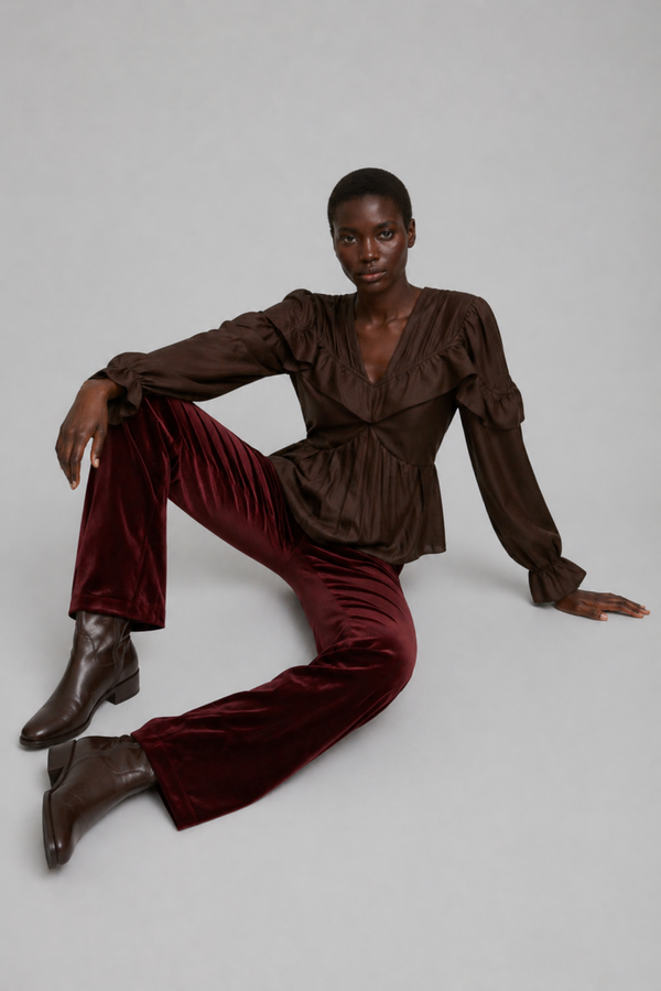 Samara Top by VKELLER in Brown Chocolate. 100% silk bohemian blouse with ruffled long sleeves and gathered neckline. Designed in Paris, handcrafted in Portugal. #chocolate