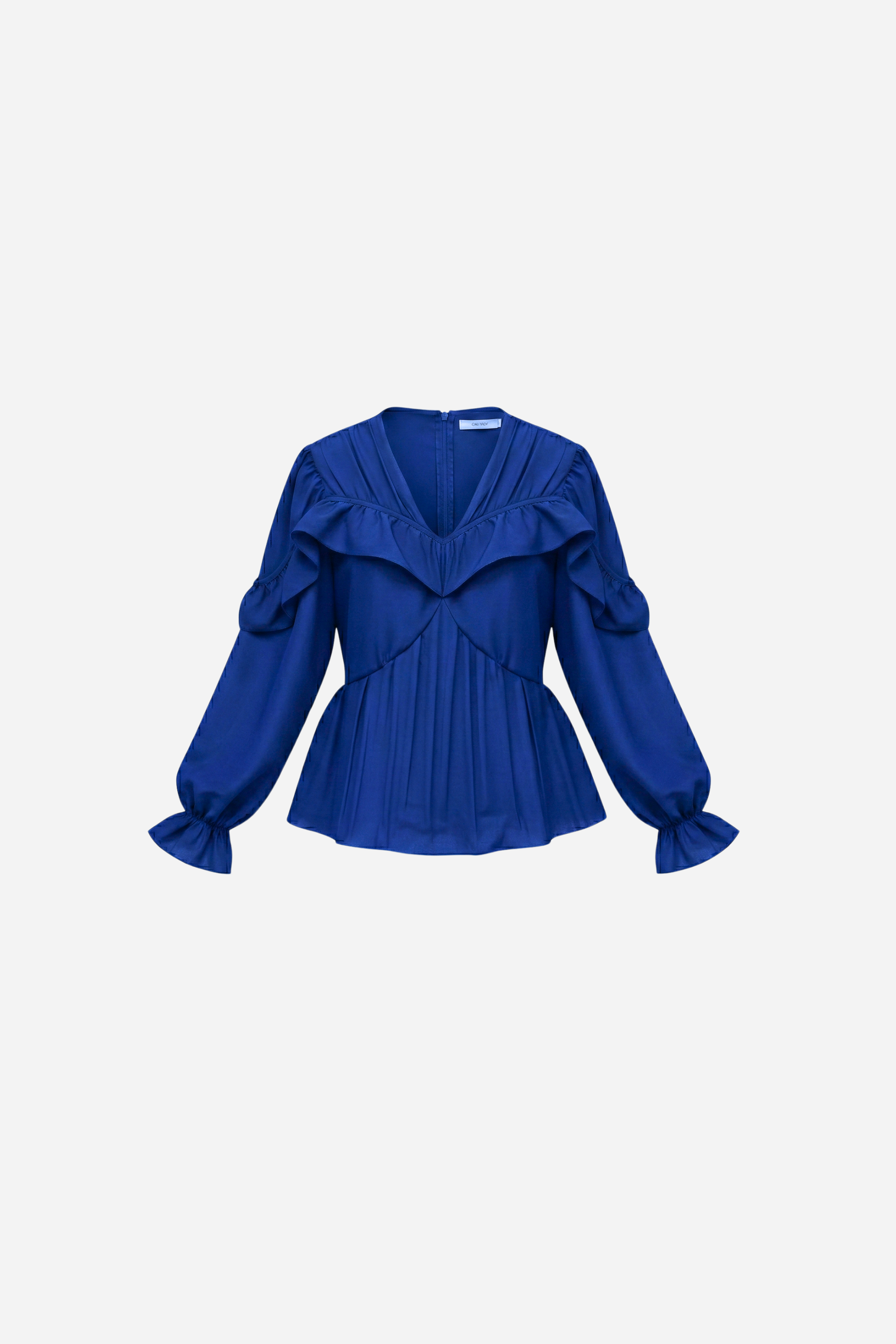 Samara Top by VKELLER in Cobalt Blue. 100% silk bohemian blouse with ruffled long sleeves and gathered neckline. Designed in Paris, handcrafted in Portugal. #cobaltblue