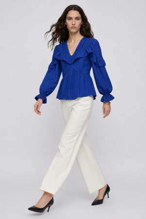 Samara Top by VKELLER in Cobalt Blue. 100% silk bohemian blouse with ruffled long sleeves and gathered neckline. Designed in Paris, handcrafted in Portugal. #cobaltblue