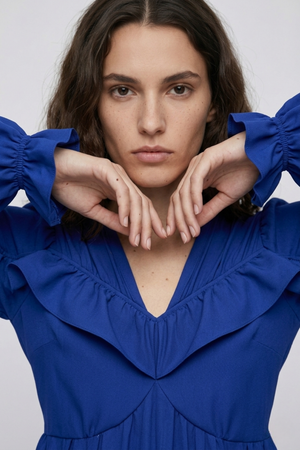Samara Top by VKELLER in Cobalt Blue. 100% silk bohemian blouse with ruffled long sleeves and gathered neckline. Designed in Paris, handcrafted in Portugal. #cobaltblue