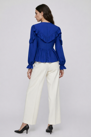 Samara Top by VKELLER in Cobalt Blue. 100% silk bohemian blouse with ruffled long sleeves and gathered neckline. Designed in Paris, handcrafted in Portugal. #cobaltblue