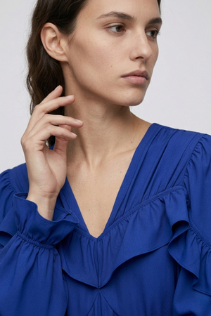 Samara Top by VKELLER in Cobalt Blue. 100% silk bohemian blouse with ruffled long sleeves and gathered neckline. Designed in Paris, handcrafted in Portugal. #cobaltblue