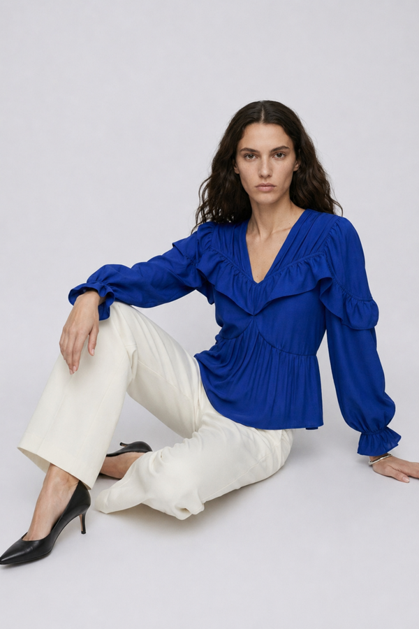 Samara Top by VKELLER in Cobalt Blue. 100% silk bohemian blouse with ruffled long sleeves and gathered neckline. Designed in Paris, handcrafted in Portugal. #cobaltblue