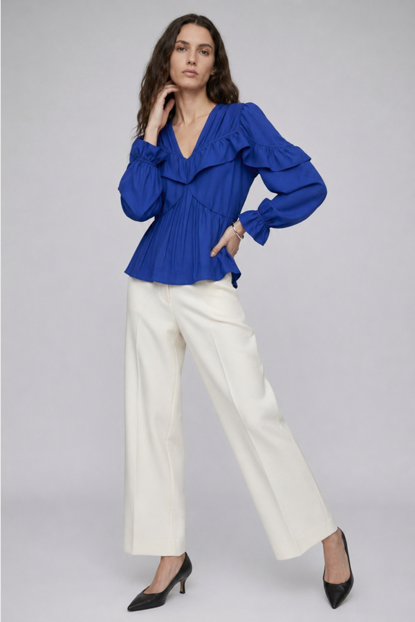 Samara Top by VKELLER in Cobalt Blue. 100% silk bohemian blouse with ruffled long sleeves and gathered neckline. Designed in Paris, handcrafted in Portugal. #cobaltblue