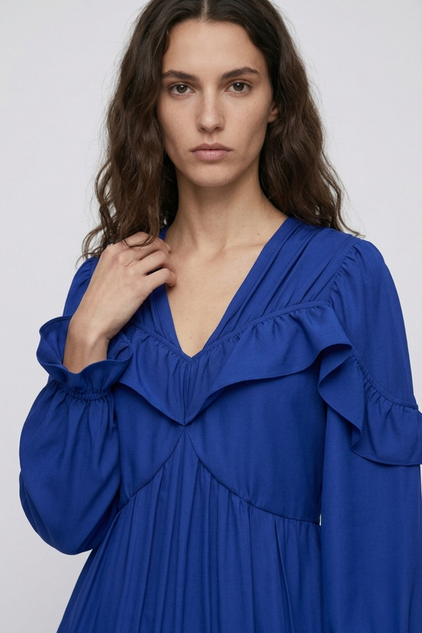 Samara Top by VKELLER in Cobalt Blue. 100% silk bohemian blouse with ruffled long sleeves and gathered neckline. Designed in Paris, handcrafted in Portugal. #cobaltblue