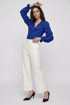 Samara Top by VKELLER in Cobalt Blue. 100% silk bohemian blouse with ruffled long sleeves and gathered neckline. Designed in Paris, handcrafted in Portugal. #cobaltblue