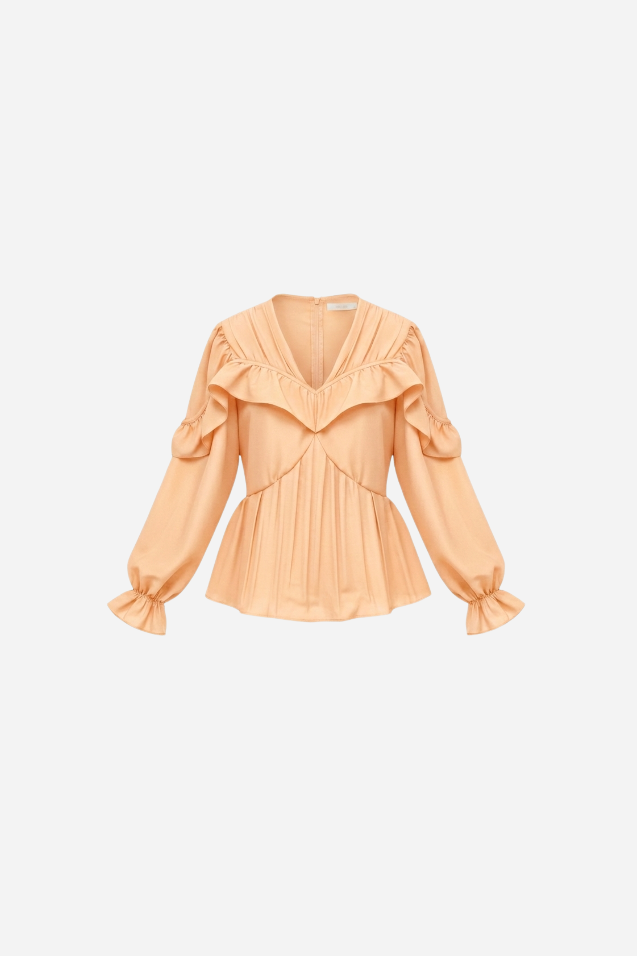 Samara Top by VKELLER in Orange Peach. 100% silk bohemian blouse with ruffled long sleeves and gathered neckline. Designed in Paris, handcrafted in Portugal. #peach