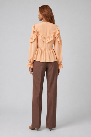 Samara Top by VKELLER in Orange Peach. 100% silk bohemian blouse with ruffled long sleeves and gathered neckline. Designed in Paris, handcrafted in Portugal. #peach