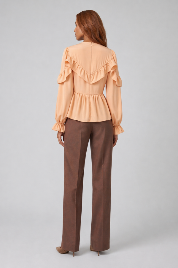 Samara Top by VKELLER in Orange Peach. 100% silk bohemian blouse with ruffled long sleeves and gathered neckline. Designed in Paris, handcrafted in Portugal. #peach