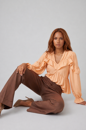 Samara Top by VKELLER in Orange Peach. 100% silk bohemian blouse with ruffled long sleeves and gathered neckline. Designed in Paris, handcrafted in Portugal. #peach