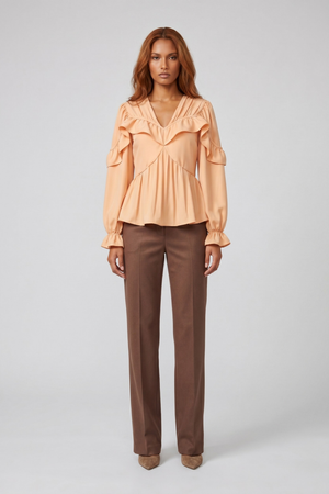 Samara Top by VKELLER in Orange Peach. 100% silk bohemian blouse with ruffled long sleeves and gathered neckline. Designed in Paris, handcrafted in Portugal. #peach