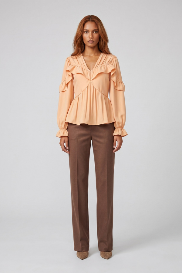 Samara Top by VKELLER in Orange Peach. 100% silk bohemian blouse with ruffled long sleeves and gathered neckline. Designed in Paris, handcrafted in Portugal. #peach